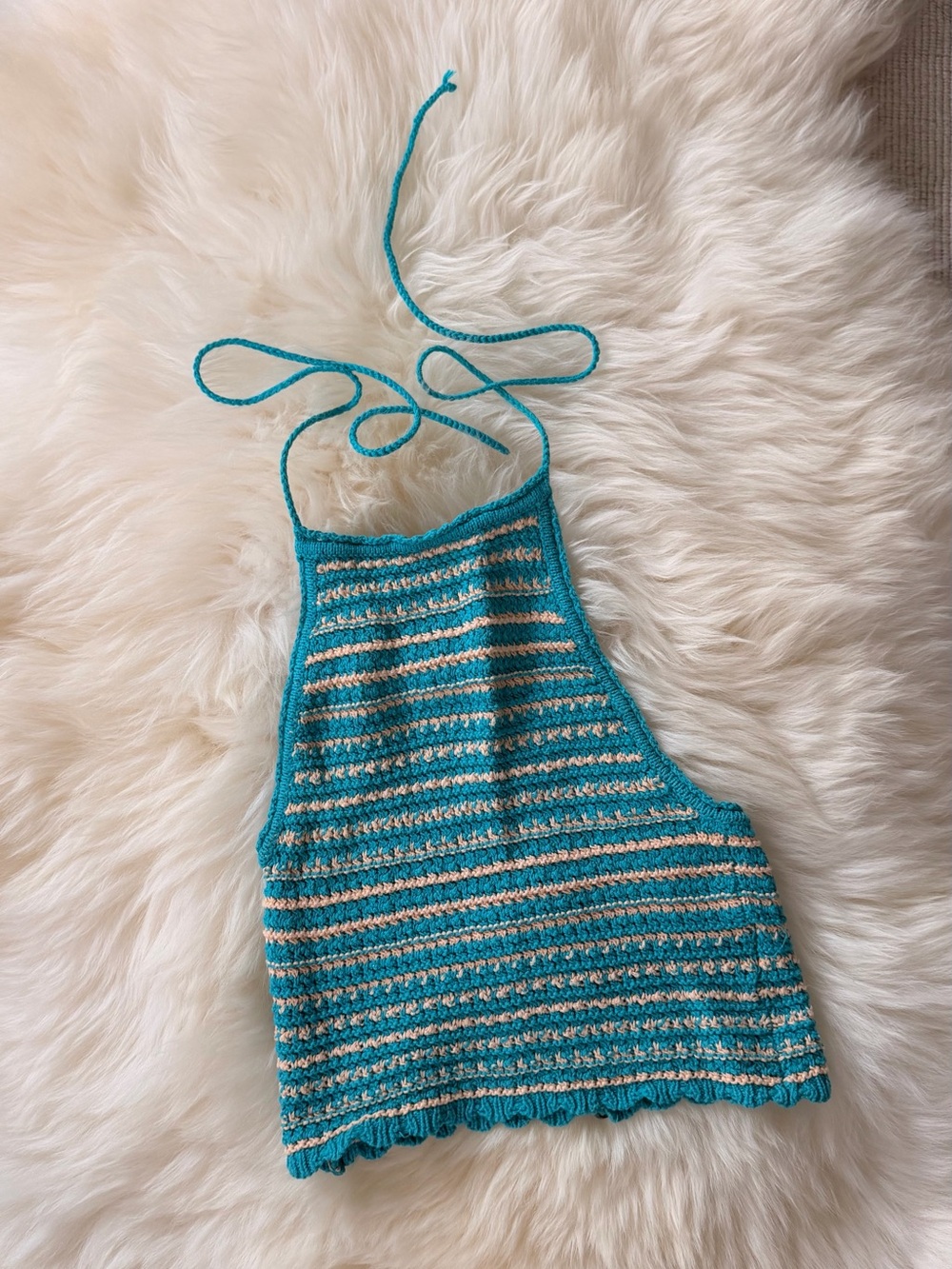Urban Outfitters Teal and Cream Striped Knit Halter Crop